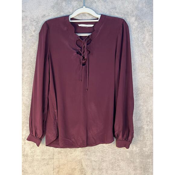 Diane Von Furstenburg Silk Blouse XS Burgundy Lace Up Whimsygoth Academia - Picture 1 of 5